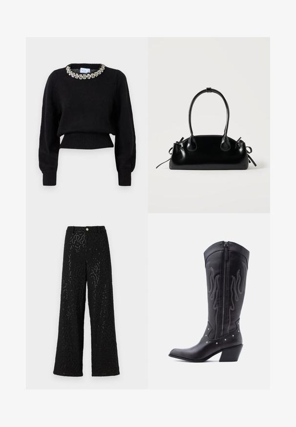 Sort cropped sweater lavet af strikket stof, med lange ærmer og en dekorativ perlekrave. Ribbet manchetter og kant.; Sorte bredbenede bukser med en tekstureret overflade, der har metalliske accenter og et subtilt bølget mønster. Trykknaplukning i taljen.; Sorte cowboystøvler i læder med spids tå, synlige sømme, sølvfarvede nitte-detaljer og lynlås på den indvendige side.; Lille sort blank håndtaske med to lange håndtag og snøre-detaljer i siden på en ensfarvet lys baggrund.