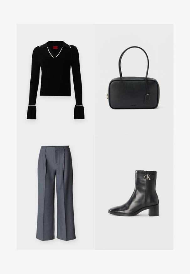 Haut noir côtelé à manches longues avec col en V et bordure de col blanche. Doté de manches évasées aux poignets et d'une coupe ajustée. Étiquette de marque rouge à l'intérieur.; Pantalon gris sur mesure avec une coupe large, un devant plissé et une texture lisse. Le tissu semble léger et tissé avec des motifs subtils.; Botte de cheville en cuir noir avec un bout pointu, un talon carré et une sangle avec un détail de logo métallique. Texture lisse et design minimaliste.; Sac à main rectangulaire noir avec doubles poignées arrondies, fermeture éclair dorée et logo "HUGO" embossé sur le devant avec une étiquette en cuir attachée.