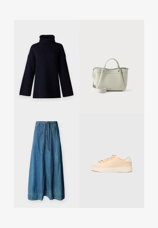 Navy blauwe coltrui met geribbelde textuur, brede mouwen en een ontspannen pasvorm. Zacht materiaal en minimalistisch ontwerp.; Lange blauwe denimrok met hoge taille en aangehechte riem, recht hangend tegen een witte achtergrond.; Beige sneaker met een gladde, matte textuur, ronde neus en vetersluiting aan de voorkant. Heeft een contrasterende witte hiel en subtiele branding aan de zijkant.; Kleine lichtgrijze draagtas met twee handvatten en een afneembare brede schouderriem, voorzien van een subtiel merklogo aan de voorkant.