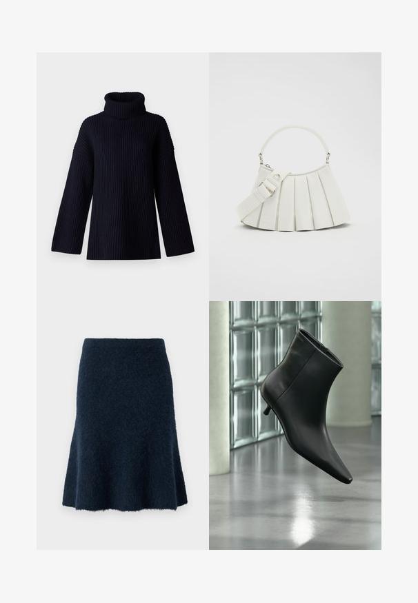 Marineblå turtleneck sweater med ribbet tekstur, brede ærmer og en afslappet pasform. Blødt materiale og minimalistisk design.; Marineblå uldnederdel med en blød, fuzzy tekstur, i en flared A-line form og med en tætsiddende talje, der har en subtil glans og en ren kant.; Sort læderankelstøvle med spids tå og lav kitten-hæ, vist vinklet mod en poleret gulv- og glasblokvæg.; Lacoste LENGLEN BAG - Håndtasker - cristalline