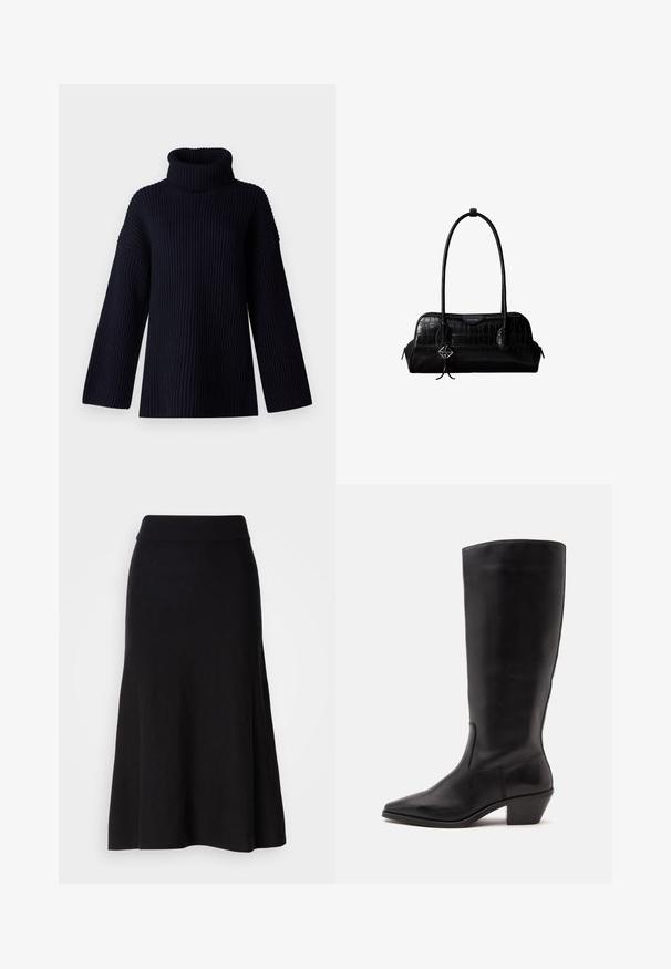 Marineblå turtleneck sweater med ribbet tekstur, brede ærmer og en afslappet pasform. Blødt materiale og minimalistisk design.; Sort strikfløjet nederdel med bred talje, midi-længde, glat tekstur og ingen synlige mønstre eller hardware detaljer.; Sort læderstøvle til midtkalv med spids tå og lavt skråt hæl på en enkel lys baggrund.; Sort skuldertaske i krokodillelæder med lange stropper og lille sølvlogo-charm på den ene strop.