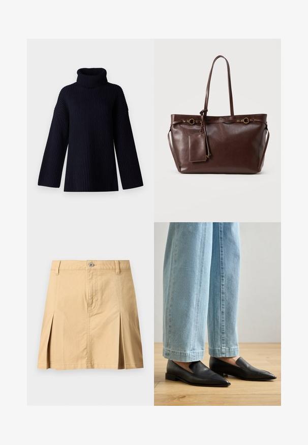 Navy blauwe coltrui met geribbelde textuur, brede mouwen en een ontspannen pasvorm. Zacht materiaal en minimalistisch ontwerp.; Beige knielange rok met ceintuurlussen, sluiting aan de voorkant met knopen, twee plooien aan de voorkant en zichtbare stiksels op een effen achtergrond.; Zwarte leren schoenen met een spitse neus en instapontwerp, gecombineerd met lichtblauwe wijde jeans, op een houten vloer.; Donkerbruine leren draagtas met twee lange hengsels, decoratieve gouden ringen en een aangehechte rechthoekige pouch met ritssluiting.