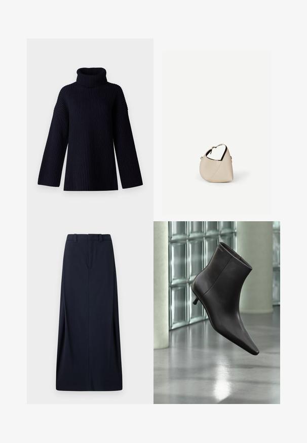 Navy blauwe coltrui met geribbelde textuur, brede mouwen en een ontspannen pasvorm. Zacht materiaal en minimalistisch ontwerp.; Navyblauwe lange rok van geweven stof, met een recht model, riemlussen en een verborgen rits. Strakke lijnen en minimalistisch ontwerp.; Zwarte leren enkellaars met puntige neus en lage hak, afgebeeld tegen een glazen blokkenmuur en gepolijste vloer op de achtergrond.; Beige leren handtas in halvemaanvorm met een enkele schouderband en minimale stiksels, afgebeeld tegen een effen witte achtergrond.