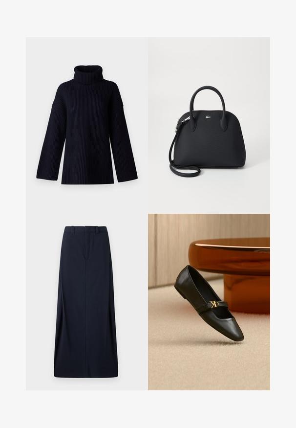 Marineblå turtleneck sweater med ribbet tekstur, brede ærmer og en afslappet pasform. Blødt materiale og minimalistisk design.; Mørkeblå lang nederdel lavet af vævet stof, med lige snit, bæltesløjfer og en skjult lynlås. Rene linjer og minimalistisk design.; Sort læder flad sko med spids tå og gyldent CK-logo på rem, placeret på beige tæppe nær et rundt ravbrunt bord.; Sort håndtaske lavet af tekstureret materiale, med to top håndtag og en aftagelig skulderrem, prydet med et sølv logo.