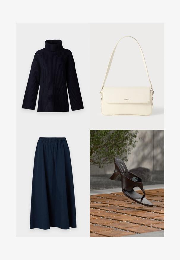 Marineblå turtleneck sweater med ribbet tekstur, brede ærmer og en afslappet pasform. Blødt materiale og minimalistisk design.; Mørkeblå, lang nederdel lavet af tekstureret stof med elastisk talje og subtile lodrette striber.; Brun Calvin Klein hælet thong sandal svævende over træflise og grus udendørs med sløret grønt og stenmur i baggrunden.; Cremefarvet læder skuldertaske med flaplukning, sølvfarvet beslag, en enkelt justerbar rem og diskrete logodetaljer.