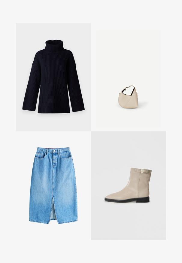 Navy blauwe coltrui met geribbelde textuur, brede mouwen en een ontspannen pasvorm. Zacht materiaal en minimalistisch ontwerp.; Lichtblauwe denimrok met een voorkeursplit, vijf zakken en een knoopsluiting. Kenmerkt zich door een klassieke rechte snit en een onafgebroken zoom.; Beige leren enkellaars met spitse neus, zwarte zool, lage hak en gouden gespband aan de buitenkant, weergegeven op een witte achtergrond.; Beige leren handtas in halvemaanvorm met een enkele schouderband en minimale stiksels, afgebeeld tegen een effen witte achtergrond.