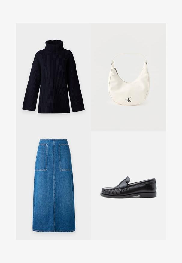 Dunkelblauer Rollkragensweater mit geripptem Material, weiten Ärmeln und lockerer Passform. Weiches Material und minimalistisches Design.; Dunkelblaum Denim-Rock mit geradem Schnitt, ausgestattet mit zwei aufgesetzten Taschen auf der Rückseite und sichtbaren Nähten am Saum sowie an den Taschenkanten.; Schwarze Leder-Loafer mit abgerundetem Zehenbereich, markanter Naht und einem dekorativen Riemen über dem Vorderblatt. Glatte Oberfläche und niedriger Absatz.; Kleine weiße halbmondenförmige Handtasche mit kurzem Trageriemen, Reißverschluss und schwarzem "cK"-Logo auf der Vorderseite.
