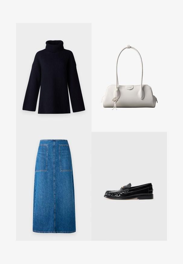 Navy blauwe coltrui met geribbelde textuur, brede mouwen en een ontspannen pasvorm. Zacht materiaal en minimalistisch ontwerp.; Denim rok in donkerblauw met een rechte snit, voorzien van twee achterzakken en zichtbare stiksels langs de zoom en de randen van de zakken.; Zwarte leren instappers met een ronde neus, decoratieve stiksels en een kleine gouden accent op de wreef. Platte rubberen zool, strak design.; Witte Calvin Klein schoudertas met lange hengsels, rechthoekige vorm, ritssluiting en decoratieve logohanger bij het hengsel.
