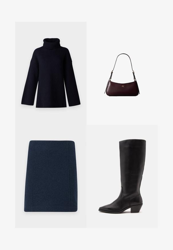Navy blauwe coltrui met geribbelde textuur, brede mouwen en een ontspannen pasvorm. Zacht materiaal en minimalistisch ontwerp.; Marineblauwe wollen minirok met een rechte vorm, platte naden en een gladde textuur. Geen zichtbare patronen of versieringen.; Zwarte leren laars tot half op de kuit met een puntige neus en een lage schuine hak op een effen lichte achtergrond.; Donker bordeauxkleurige leren handtas met een smalle zwarte schouderband en klein gouden "cK" logo aan de voorkant in het midden.