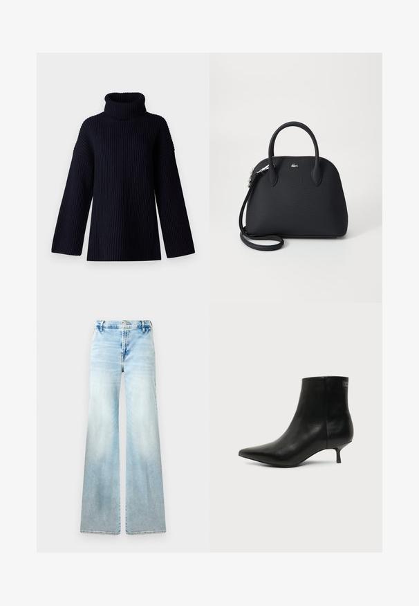 Marineblå turtleneck sweater med ribbet tekstur, brede ærmer og en afslappet pasform. Blødt materiale og minimalistisk design.; Lysblå flagrende jeans lavet af denim. Har en falmet vask, standardlommer og en knaplukning i taljen.; Sort læder ankelstøvle med spids tå og lav kitten hæl på lys baggrund, der viser yderside.; Sort håndtaske lavet af tekstureret materiale, med to top håndtag og en aftagelig skulderrem, prydet med et sølv logo.