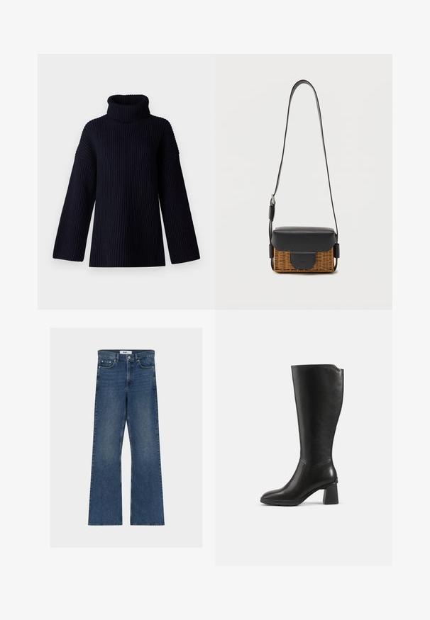 Navy blauwe coltrui met geribbelde textuur, brede mouwen en een ontspannen pasvorm. Zacht materiaal en minimalistisch ontwerp.; Blauwe denim flared jeans met een taille op middelhoogte. Heeft voor- en achterzakken, metalen details en een gestructureerde, stevige stof.; Zwarte leren kniehoge laars met blokhak en afgeronde neus, zijaanzicht op een effen achtergrond.; Kleine rechthoekige crossbodytas met geweven bruine basis, zwarte leren klep en verstelbare band op witte achtergrond.