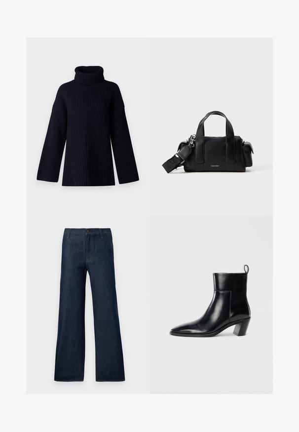 Dunkelblauer Rollkragensweater mit geripptem Material, weiten Ärmeln und lockerer Passform. Weiches Material und minimalistisches Design.; Dunkelblaue weit geschnittene Jeans aus Denim mit einem klassischen Fünf-Taschen-Design, Knopfverschluss und dezenten Steppnähten.; Schwarze Leder-Ankleboots mit spitzem Zeh, geometrischem Blockabsatz und einem Zugband hinten. Glatte Textur und elegantes Design.; Schwarze Lederhandtasche mit doppelten oberen Griffen und einem abnehmbaren Schultergurt. Verfügt über einen Reißverschluss und ein dezentes Logo auf der Vorderseite.