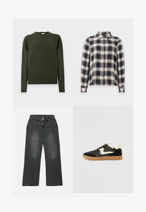 Pull en tricot vert foncé à col rond, à manches longues, avec des bords côtelés aux poignets et à l'ourlet, présenté sur un fond blanc uni.; Chemise à manches longues à carreaux dans des teintes marine, blanche et beige. Dotée d'un col standard, d'une fermeture à boutons sur le devant et d'un tissu doux avec un motif à carreaux.; Jeans à jambes larges en denim gris foncé. Comprend une fermeture à bouton, deux poches avant et des coutures verticales pour le détail. Zones abîmées présentes.; Baskets en daim et cuir noir avec un swoosh latéral crème et un talon crème clair. Dotées de lacets beige et d'une semelle en caoutchouc gomme.