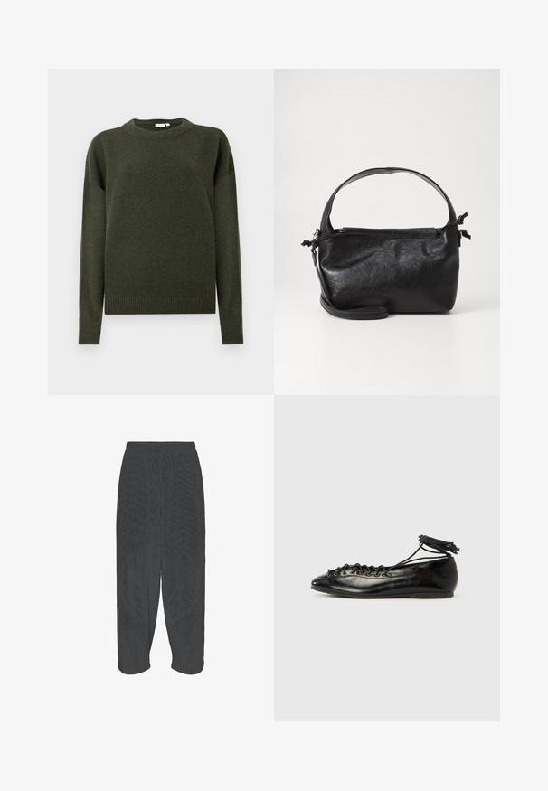 Mørkegrøn strikket sweater med rund hals, lange ærmer samt ribbede manchetter og kant, vist på en ensfarvet hvid baggrund.; Sorte løstsiddende bukser med elastisk talje og snøre, vist fladt mod en hvid baggrund.; Sorte balletflade sko i laklæder med rundet tå, snørelukning og flad sål. Glat tekstur med få detaljer.; Sort læderhåndtaske med et struktureret design, rund tophåndtag og aftagelig skulderrem. Den har en glat tekstur og en subtil glans.