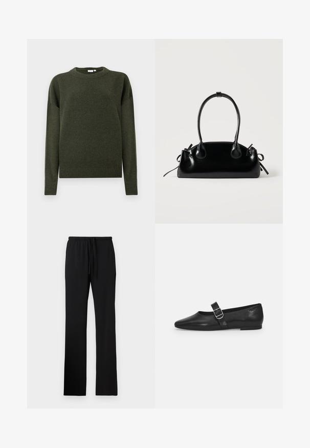 Pull en tricot vert foncé à col rond, à manches longues, avec des bords côtelés aux poignets et à l'ourlet, présenté sur un fond blanc uni.; Pantalon à taille élastique noire avec cordon de serrage, présentant une texture lisse et des jambes droites et longues sans poches.; Chaussure plate en cuir noir avec un bout arrondi, une seule sangle réglable à boucle et une texture lisse et brillante. Design minimaliste avec un petit talon.; Petit sac à main noir brillant avec deux longues anses et des détails à cordon sur les côtés sur un fond clair uni.