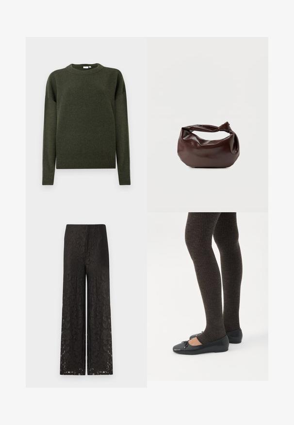 Pull en tricot vert foncé à col rond, à manches longues, avec des bords côtelés aux poignets et à l'ourlet, présenté sur un fond blanc uni.; Pantalons larges en dentelle noire avec un motif floral, surface texturée, taille haute et coupe ample pour le confort et le style.; Jambes portant des leggings côtelés foncés associés à des ballerines noires avec de petits détails en nœud sur fond blanc.; Sac bandoulière en cuir marron foncé avec une forme souple et décontractée et une anse nouée torsadée sur un fond blanc uni.