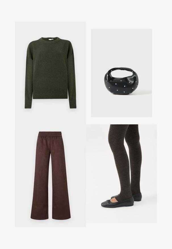 Mørkegrøn strikket sweater med rund hals, lange ærmer samt ribbede manchetter og kant, vist på en ensfarvet hvid baggrund.; Brune vide benbukser lavet af blødt stof, med en elastisk talje og en glat, mat overflade, uden synlige lommer eller mønstre.; Ben iført mørke ribbede leggings kombineret med sorte balletsko med små sløjfedetaljer på hvid baggrund.; Sort læderhåndtaske med en rundet form, dekoreret med sølvnitter, og et kort håndtag. Glat tekstur og lynlåslukning.