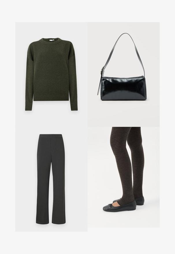 Mørkegrøn strikket sweater med rund hals, lange ærmer samt ribbede manchetter og kant, vist på en ensfarvet hvid baggrund.; Sorte stribede bukser med lige ben, der har en elastisk talje og et glat, struktureret stof.; Ben iført mørke ribbede leggings kombineret med sorte balletsko med små sløjfedetaljer på hvid baggrund.; Sort rektangulær skuldertaske med en enkelt justerbar rem og lynlås i toppen på en ensfarvet baggrund.