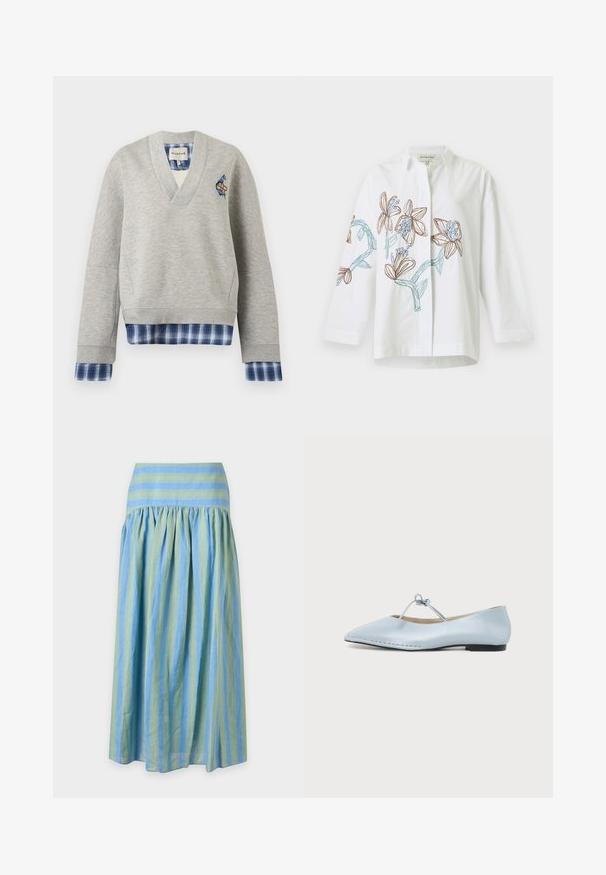 Sweat-shirt gris clair col V avec tissu à carreaux bleu superposé aux poignets et à l'ourlet, avec un petit patch sur le côté gauche de la poitrine.; Chemise blanche à manches longues avec broderie florale marron et bleue sur le devant et les manches, dotée d'un col classique et d'une fermeture boutonnée.; Jupe longue avec des rayures verticales vertes et bleues, froncée sous une ceinture rayée horizontalement aux couleurs assorties.; Chaussure plate bleu clair à bout pointu avec une fine sangle nouée sur le dessus et un petit talon noir.