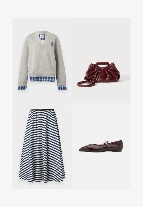 Sweat-shirt gris clair col V avec tissu à carreaux bleu superposé aux poignets et à l'ourlet, avec un petit patch sur le côté gauche de la poitrine.; Jupe longue à rayures diagonales bleu marine et blanches avec une ceinture élastique noire, présentée à plat sur un fond blanc.; Ballerines en cuir verni bordeaux avec un bout pointu et un nœud décoratif violet sur le cou-de-pied ; design à semelle plate.; Petit sac à main en cuir rouge foncé avec texture froncée, poignée rectangulaire découpée pour la main et bandoulière détachable sur fond blanc.