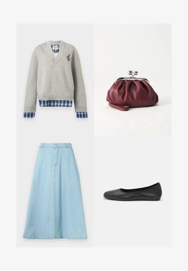 Sweat-shirt gris clair col V avec tissu à carreaux bleu superposé aux poignets et à l'ourlet, avec un petit patch sur le côté gauche de la poitrine.; Jupe midi en denim bleu clair avec taille haute, fermeture éclair à l'avant et détails cousus subtils, présentant une silhouette évasée épurée.; Ballerines en cuir noir avec un bout rond, texture lisse, détails de couture minimalistes et design de semelle flexible.; Petit sac pochette en cuir bordeaux avec fermoir métallique argenté et bracelet sur fond blanc.