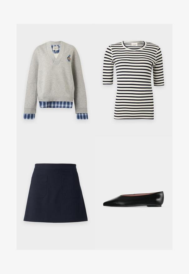 Sweat-shirt gris clair col V avec tissu à carreaux bleu superposé aux poignets et à l'ourlet, avec un petit patch sur le côté gauche de la poitrine.; Chemise ajustée à rayures horizontales noires et blanches avec manches jusqu'au coude et col rond.; Jupe bleu marine en tissu robuste, dotée d'une ceinture ajustée, d'une forme évasée, et de deux poches plaquées à l'arrière avec des surpiqûres contrastantes.; Chaussure plate en cuir noir pour femme, avec bout pointu et petit talon, vue de côté sur un fond gris clair uni.