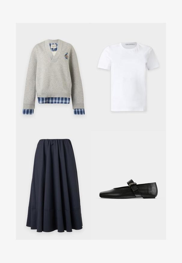 Sweat-shirt gris clair col V avec tissu à carreaux bleu superposé aux poignets et à l'ourlet, avec un petit patch sur le côté gauche de la poitrine.; T-shirt blanc uni à manches courtes et col rond avec une petite étiquette de marque à l'intérieur du col portant la mention "Tiger of Sweden."; Jupe plissée bleu marine, longueur genou, avec une taille élastique et de fines rayures verticales sur un fond uni.; Chaussure plate en cuir noir avec un bout arrondi et une bride ornée d'une boucle métallique sur le cou-de-pied.