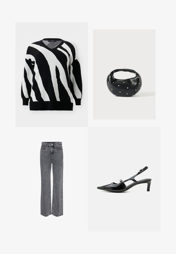 Vero Moda Curve Knitted VMCNANCY Knitted - Πουλόβερ - black/birch; Τζιν γκρι, ψηλόμεσο, ίσια γραμμή, με κουμπί μπροστά, φερμουάρ και κλασικό σχέδιο με πέντε τσέπες.; Μαύρο παπούτσι slingback από δερμάτινο πατεντ με μυτερή μύτη, χαμηλό τακούνι και δύο ρυθμιζόμενες λουρίδες με αγκράφες, εμφανιζόμενο σε προφίλ πλευράς.; Μαύρη δερμάτινη τσάντα χειρός με στρογγυλεμένο σχήμα, διακοσμημένη με ασημένιες λεπτομέρειες με καρφιά και κοντή λαβή. Λείο υλικό και κλείσιμο με φερμουάρ.