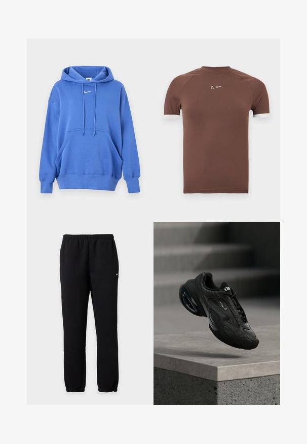 Μπλε φούτερ Nike με τσέπη τύπου ποδιάς μπροστά, κουκούλα με κορδόνια, ριμπ μανσέτες και μικρό λευκό λογότυπο Nike Swoosh στο στήθος.; Καφέ κοντομάνικο πουκάμισο από απαλό ύφασμα με ψηλό λαιμό και λευκές λεπτομέρειες στις μανσέτες, με μικρό λογότυπο στο στήθος.; Μαύρο παντελόνι φόρμας Nike με ελαστική μέση και μανσέτες, με μικρό λευκό λογότυπο Nike swoosh στον αριστερό μηρό.; Μαύρο αθλητικό παπούτσι με υφασμένο δερμάτινο άνω μέρος, έντονο λογότυπο και μαξιλαρωμένη σόλα. Διαθέτει αφηρημένα σχέδια και ομαλές, στρογγυλεμένες λεπτομέρειες.