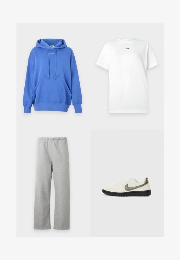 Μπλε φούτερ Nike με τσέπη τύπου ποδιάς μπροστά, κουκούλα με κορδόνια, ριμπ μανσέτες και μικρό λευκό λογότυπο Nike Swoosh στο στήθος.; Λευκό T-shirt κοντομάνικο με στρογγυλή λαιμόκοψη και μικρό μαύρο λογότυπο Nike κάτω από τον λαιμό.; Ανοιχτό γκρι φόρμα με ελαστική μέση και μικρό λευκό λογότυπο Nike στο πάνω μέρος του μηρού, εμφανίζεται επίπεδη σε λευκό φόντο.; Nike Sportswear FIELD GENERAL - Αθλητικά παπούτσια - off-white/black