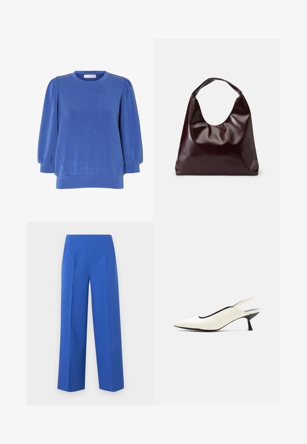 Blauwe trui met lange mouwen, opgepofte schouders, ronde hals en geribde boorden en zoom van een zachte stof.; Blauwe, hoog getailleerde broek met wijde pijpen, voorplooien en zijzakken, getoond op een effen witte achtergrond.; Crèmekleurige slingback schoen met puntige neus, lage zwarte kittenhak en een gladde leren afwerking op een witte achtergrond.; Bordeaux, glanzende vegan leren totebag met een zachte, sculpturale vorm en een brede, gebogen handgreep voor makkelijk dragen.