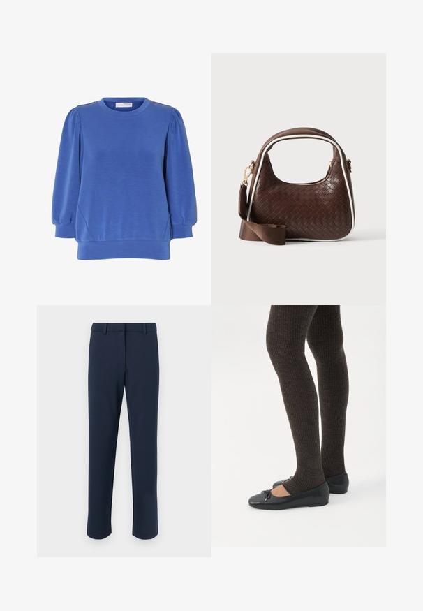 Sinine pikkade varrukatega pullover puffsarnadega, ümmarguse kaelusega ning soonilise ääre ja mansettidega pehmest kangast.; Tumesinised püksid, valmistatud siledast kangast, sirge lõikega, püksirihma aasadega ja esitaskutega, puhta ja minimalistliku disainiga.; Jalad seljas tumedad soonelises soonelises kombines mustade baleriinadega, millel on väikesed paelade detailid valgel taustal.; Pruun punutud nahast käekott valge ääristuse, kuldse tõmbluku ja eemaldatava pruuni kangast õlarihmaga.