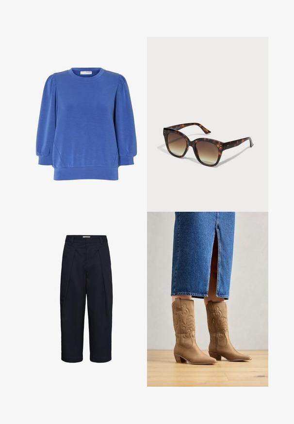 Blauwe trui met lange mouwen, opgepofte schouders, ronde hals en geribde boorden en zoom van een zachte stof.; Navyblauwe, wijd uitlopende, cropped broek met voorplooien, riemlussen en een verborgen sluiting aan de voorkant.; Tan leren westernlaarzen met decoratieve stiksels, een spitse neus en een gestapelde hak. Draag met een spijkerrok tot de knie, waardoor de laarzen zichtbaar zijn.; Vierkante schildpadzonnebril met bruine verloopglazen en subtiele gouden accenten op de hoeken van het montuur, schuin op een lichte achtergrond.