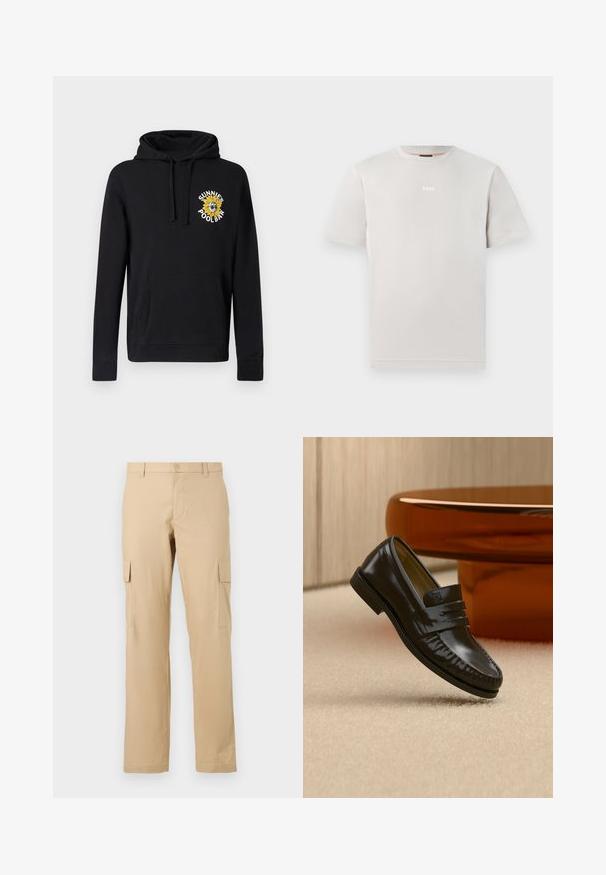 Sort hættetrøje lavet af bomuld med forlomme, snøre i hætten og et farverigt broderet solsikkemotiv. Har ribstrikkede manchetter.; Lysegrå bomulds t-shirt med rund halsudskæring og korte ærmer. Har en lille hvid "BOSS"-logo på brystområdet.; Beige cargo bukser lavet af bomuld med lige snit, der har sidelommer og knaplukning i taljen. Glat tekstur, uden mønstre.; Skinnende sort læderloafer med remdetalje, placeret på beige tæppe nær et rundt brunt sofabord i et blødt oplyst rum.