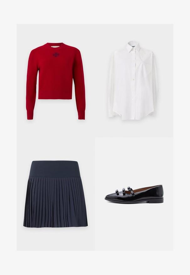 Pull rouge à manches longues avec col rond, poignets et ourlet côtelés, avec un petit logo sombre centré sous l'encolure.; Chemise blanche à manches longues en tissu léger, dotée d'un col classique, d'une fermeture à boutons et d'une poche en forme de cœur sur le côté gauche.; Jupe plissée bleu marine avec une large ceinture plate, longueur genou, réalisée en tissu léger, présentée sur un fond blanc uni.; Chaussure plate en cuir verni noir avec trois fines lanières sur le dessus et un talon bas, vue de profil sur un fond blanc.