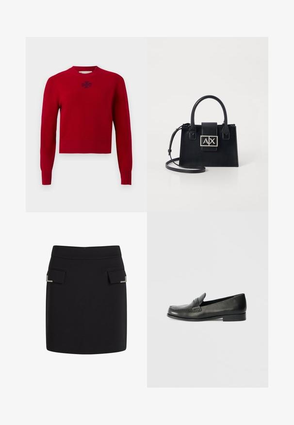 Pull rouge à manches longues avec col rond, poignets et ourlet côtelés, avec un petit logo sombre centré sous l'encolure.; Jupe mini noire avec deux poches avant à rabat, chacune dotée d'un petit détail décoratif en argent dans le coin.; Mocassins en cuir noir avec un bout arrondi, des détails de couture surélevés et un talon bas empilé. Texture lisse avec un éclat subtil.; Sac à main en cuir noir avec un design structuré, des poignées supérieures et une bandoulière amovible. Présente une plaque logo en ton argent et une texture lisse.