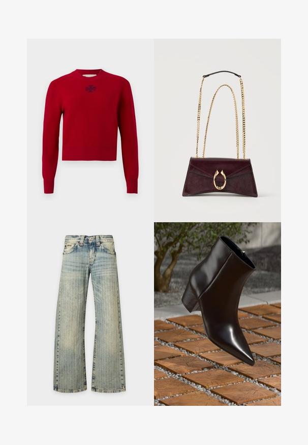 Pull rouge à manches longues avec col rond, poignets et ourlet côtelés, avec un petit logo sombre centré sous l'encolure.; Jean en denim bleu clair avec un motif à rayures verticales délavées, poches avant, fermeture à boutons et jambes larges et droites.; Bottine en cuir noir avec un bout pointu, un talon bloc et une texture lisse, positionnée au-dessus d'une surface en bois et en gravier.; Sac à main en cuir bordeaux foncé avec fermoir en forme de fer à cheval doré et double bandoulière en chaîne dorée, sur fond blanc uni.