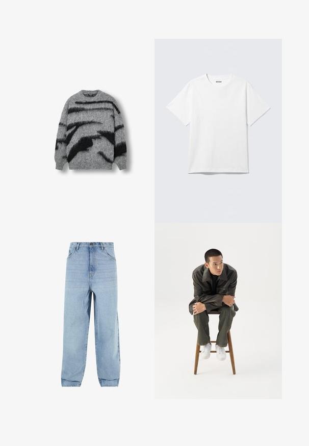 Pull en maille grise avec une texture douce, de larges rayures abstraites noires, col rond et bords-côtes aux poignets et à l'ourlet.; T-shirt blanc à manches courtes et col rond, étalé à plat, design uni, avec l'étiquette "WEEKDAY" à l'intérieur du col sur un fond clair.; Jeans en denim bleu clair avec une coupe ample, taille haute et cinq poches. Dotés de passants de ceinture et d'une fermeture à bouton. Texture douce.; Jeune homme en veste en cuir foncée et jean, assis sur un tabouret en bois, penché en avant, les bras croisés, regardant sur le côté sur fond blanc.