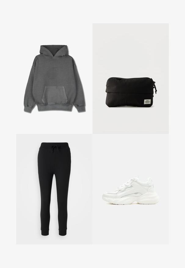 Pegador CLARITA LOGO OVERSIZED HOODIE - Φούτερ με κουκούλα - vintage grey grey gum; Even&Odd Petite by Zalando Παντελόνι φόρμας - black; Λευκό χοντρό αθλητικό παπούτσι με παχιά σόλα, μπροστινό δέσιμο με κορδόνια και λείο συνθετικό επάνω μέρος με λεπτομέρειες διακριτικού ραψίματος.; Μαύρο ορθογώνιο νεσεσέρ με φερμουάρ και υφασμάτινη ετικέτα με το λογότυπο "Mads Nørgaard Copenhagen" κάτω δεξιά.