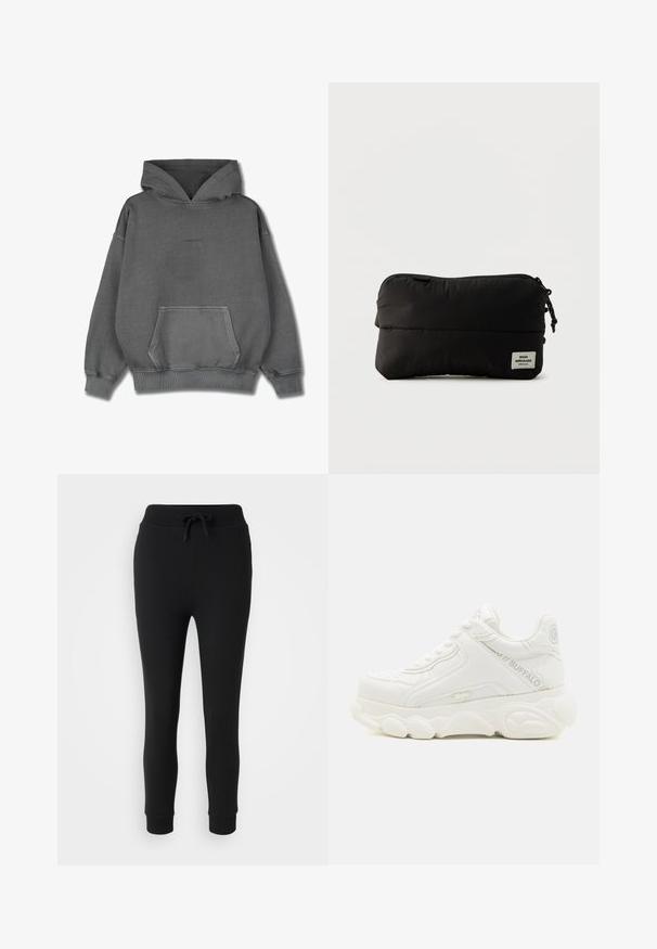 Pegador CLARITA LOGO OVERSIZED HOODIE - Φούτερ με κουκούλα - vintage grey grey gum; Even&Odd Petite by Zalando Παντελόνι φόρμας - black; Λευκό chunky sneaker με χοντρή σόλα, σχέδιο με κορδόνια και λογότυπο "Buffalo" στο πλάι και στη φτέρνα.; Μαύρο ορθογώνιο νεσεσέρ με φερμουάρ και υφασμάτινη ετικέτα με το λογότυπο "Mads Nørgaard Copenhagen" κάτω δεξιά.