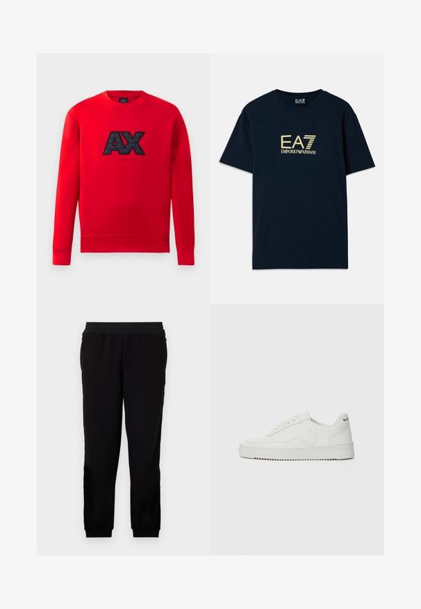 Roter Sweatshirt mit einem schwarzen gestickten "AX"-Logo auf der Vorderseite. Es hat einen runden Ausschnitt und lange Ärmel mit gerippten Bündchen.; Navyblaue Baumwoll-T-Shirt mit einem goldenen Logo-Druck "EA7 EMPORIO ARMANI" auf der Brust, kurzen Ärmeln und einem runden Halsausschnitt.; Schwarze Sweatpants aus einem weichen Material, mit elastischem Bund, eng anliegenden Bündchen und Seitentaschen für zusätzlichen Komfort.; Weiße Ledersneaker mit glatter Oberfläche, runder Zehenpartie, flachen Schnürsenkeln und strukturiertem Sohlenprofil. Mit einem dezenten Logo an der Ferse.