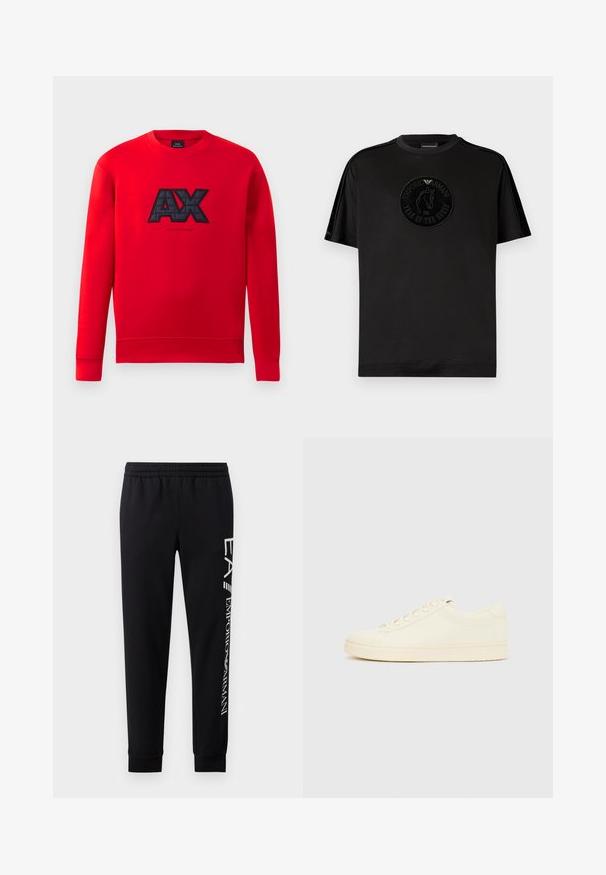 Roter Sweatshirt mit einem schwarzen gestickten "AX"-Logo auf der Vorderseite. Es hat einen runden Ausschnitt und lange Ärmel mit gerippten Bündchen.; Schwarzes kurzärmeliges T-Shirt aus weichem Stoff mit einem kreisförmigen, geprägten Logo, das ein Pferd und den Text "Year of the Horse 2026" zeigt.; Schwarze Sweatpants aus Baumwollmischung mit elastischem Taillenbund, schmal zulaufenden Beinen, gerippten Bündchen und weißem Logo-Druck entlang der Seite.; Cremefarbener Sneaker mit glattem Lederoberteil, abgerundeter Zehenpartie, Schnürung vorne und strukturierter Gummisohle. Minimalistisches Design, ohne Logos.