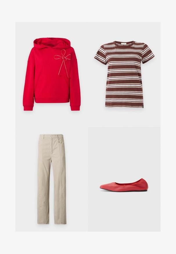 Haut à capuche rouge avec poche frontale et détail de nœud beige décoratif sur le coin supérieur gauche de la poitrine, manches longues et capuche.; T-shirt marron à rayures avec des rayures blanches horizontales, manches courtes et col rond classique en coton doux.; Pantalon en velours côtelé beige avec une coupe droite. Doté de poches avant et d'une surface texturée avec des côtes verticales.; Filippa K REY FLATS - Ballerines - bright red