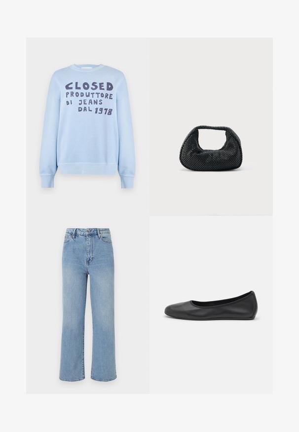 Sweat-shirt bleu clair à col rond, avec un texte imprimé bleu marine foncé indiquant "CLOSED PRODUTTORE DI JEANS DAL 1978." Texture lisse.; Jean large en denim bleu clair avec une taille haute, un design à cinq poches et des coutures contrastées sur les bords.; Ballerines en cuir noir avec un bout rond, texture lisse, détails de couture minimalistes et design de semelle flexible.; Sac hobo tissé noir avec une structure souple et une poignée intégrée, présenté sur un fond clair uni.