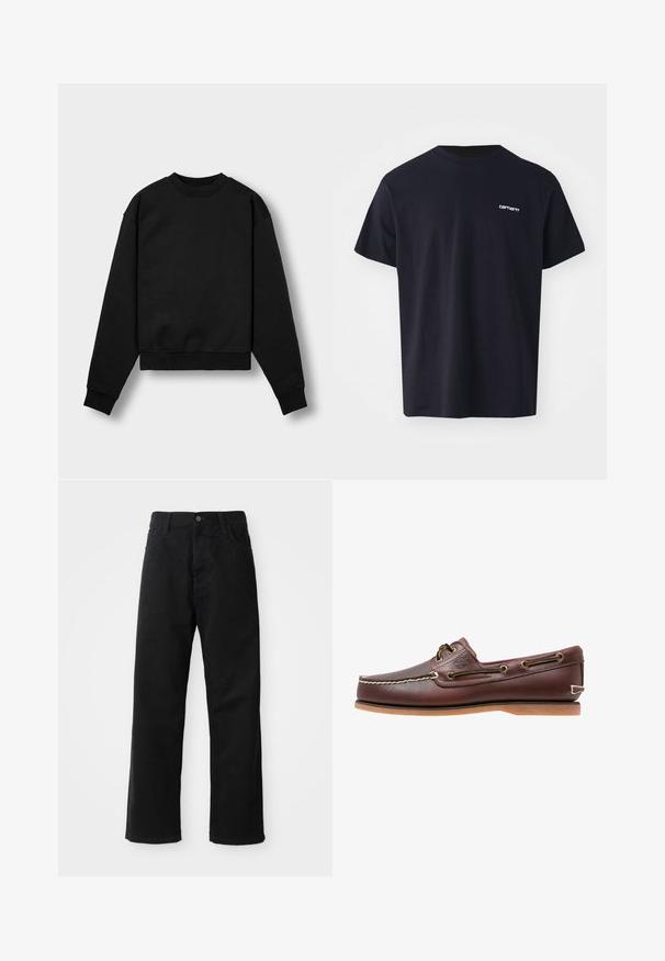 Sweatshirt noir court avec des manches longues, un col rond et des bords côtes. Il présente une texture en tissu douce et un design minimaliste.; T-shirt en coton noir à manches courtes, col rond, et un logo blanc subtil sur la poitrine gauche. Texture lisse, coupe standard.; Pantalons en denim noir à coupe droite, avec poches avant, fermeture éclair et un seul bouton supérieur. Tissu texturé avec une finition mate.; Chaussure bateau en cuir marron avec coutures blanches, détails de lacets et semelle en caoutchouc beige, vue de côté sur fond blanc.