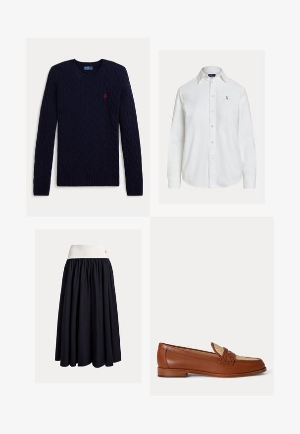Jersey de punto de cable azul marino con mangas largas, cuello redondo, puños y bajo acanalados, con un pequeño logo bordado en rojo de un jugador de polo en el pecho.; Camisa blanca de manga larga con botones, cuello y pequeño logo bordado en el pecho izquierdo, mostrada sobre un fondo liso.; Falda hasta la rodilla en tela azul marino oscuro con una cinturilla elástica blanca. Con un diseño plisado y un pequeño logo rojo como detalle.; Mocasín de cuero marrón con panel beige tejido en la parte superior, tacón bajo de madera y diseño tradicional de correa de moneda sobre fondo blanco.