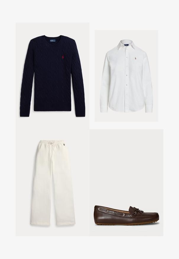 Marineblauer kabelgestrickter Pullover mit langen Ärmeln, Rundhalsausschnitt, gerippten Bündchen und Saum, mit einem kleinen roten bestickten Polo-Spieler-Logo auf der Brust.; Weißes Hemd mit langen Ärmeln, Knopfleiste, Kragen und kleinem besticktem Logo auf der linken Brust, vor einfachem Hintergrund dargestellt.; Weiße Sweatpants mit weitem Bein, elastischem Bund, Kordelzug, seitlichen Taschen und kleinem marineblauem Logo nahe der rechten Tasche.; Braunes Lederboot mit abgerundetem Zeh, genähten Details und dekorativem Bogen. Merkmale sind Metallösen und eine Gummisohle für besseren Halt.