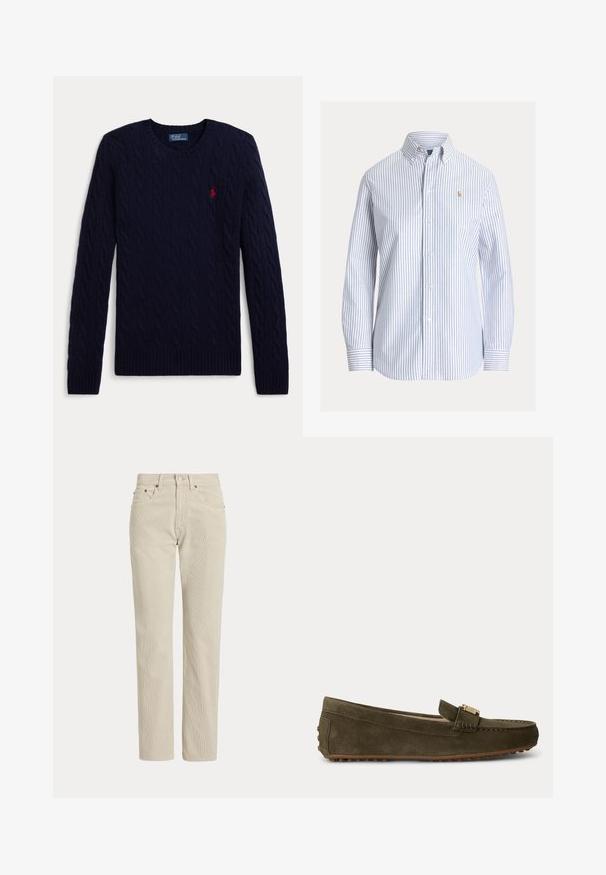 Mørkeblå kabelstrikket sweater med lange ærmer, rund hals, ribbede manchetter og kant, med en lille rød broderet polo-spiller logo på brystet.; Hvid skjorte med lodrette lyseblå striber, knaplukning på kraven og lille broderet logo på venstre bryst.; Beige, lige-benede fløjlsbukser med bæltestropper, frontknap, lynlås og frontlommer.; Mørkegrøn ruskindslipper med gummidupper på sål og hæl, guldfarvet spænde øverst og lav hæl til afslappet brug.