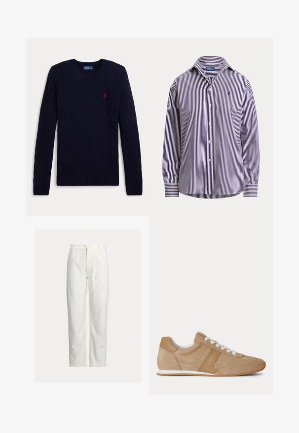 Mørkeblå kabelstrikket sweater med lange ærmer, rund hals, ribbede manchetter og kant, med en lille rød broderet polo-spiller logo på brystet.; Langærmet skjorte med knapper med lodrette marineblå og hvide striber og et lille broderet navy-logo på venstre bryst.; Hvide bukser med lige ben, store foran-lommer, bæltestropper og lukning med knap i taljen.; Lysebrun ruskind og læder lavtop-sneaker med hvide snørebånd og hvid gummisål vist fra siden på en hvid baggrund.