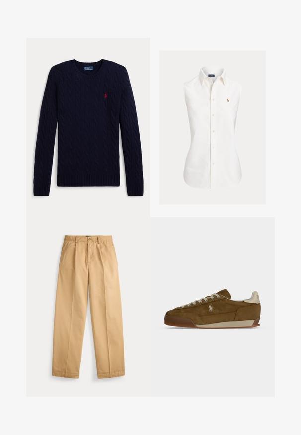 Jersey de punto de cable azul marino con mangas largas, cuello redondo, puños y bajo acanalados, con un pequeño logo bordado en rojo de un jugador de polo en el pecho.; Camisa blanca sin mangas de algodón, con cuello puntiagudo, abotonadura frontal y un pequeño logo bordado en el lado izquierdo.; Pantalones beige de pierna recta con cierre de botón y cremallera, bolsillos delanteros, trabillas para cinturón y pliegues prensados a lo largo de las piernas.; Zapatilla de ante marrón con cordones crema, suela gruesa y un pequeño logo blanco bordado en el lateral.